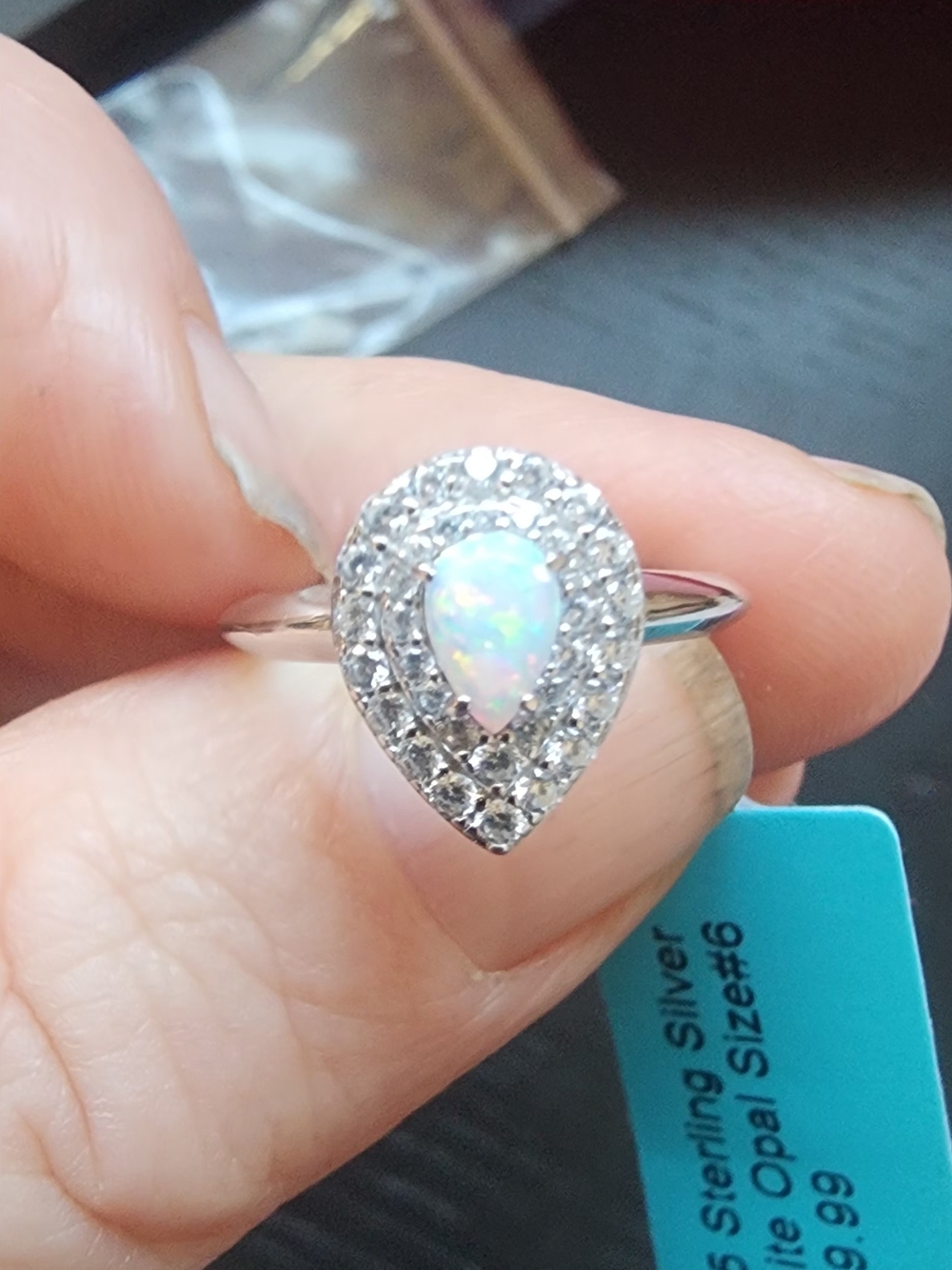 Sterling Silver White Opal Teardrop Halo Ring - Size 6... Markings And Tag